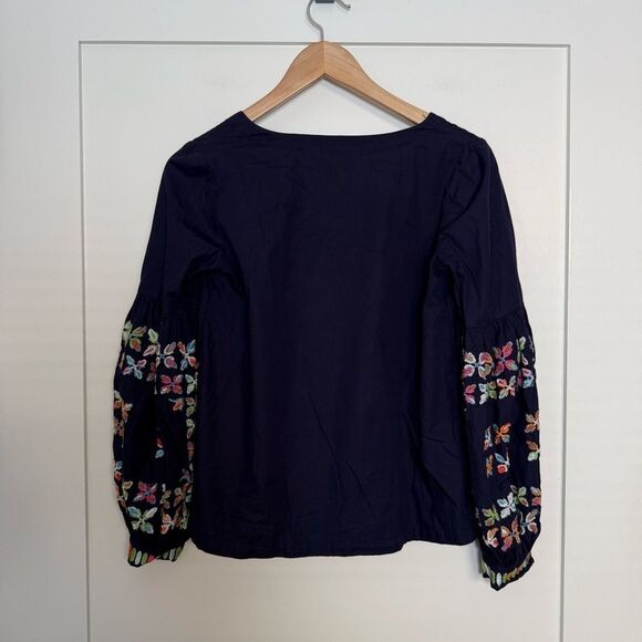 Maeve Anthropologie Sonja Blouse Top Sz 0 Blue Embroidered Balloon Sleeve V Neck - Picture 6 of 12